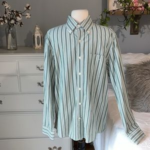 Madison Mashed Poplins Button Down Front Shirts Mens Medium Green Striped Cotton